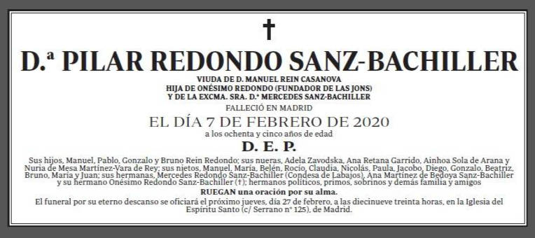 Fallece Doña Pilar Redondo Sanz-Bachiller