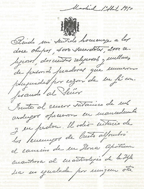 Documento manuscrito de Francisco Franco sobre los mártires de la Cruzada